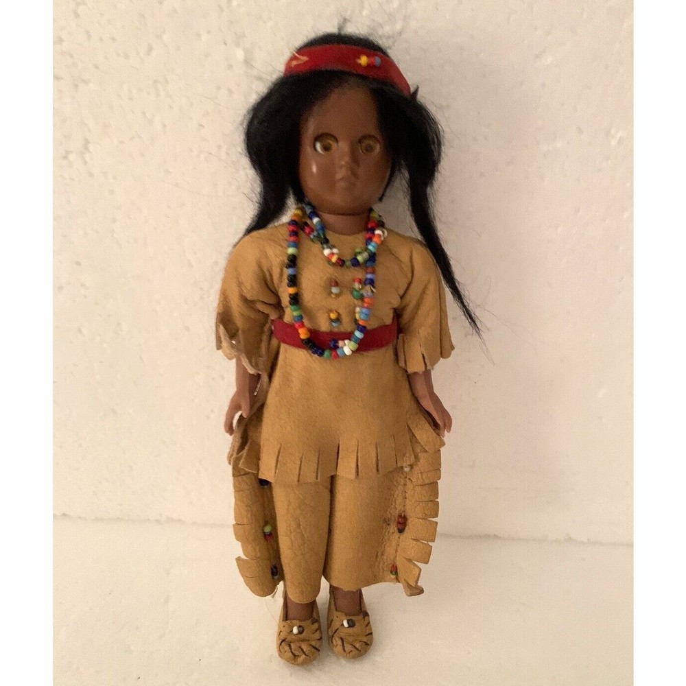 Native American Indian Doll Vintage 7" Leather Beads Headband Moccasins USA READ
